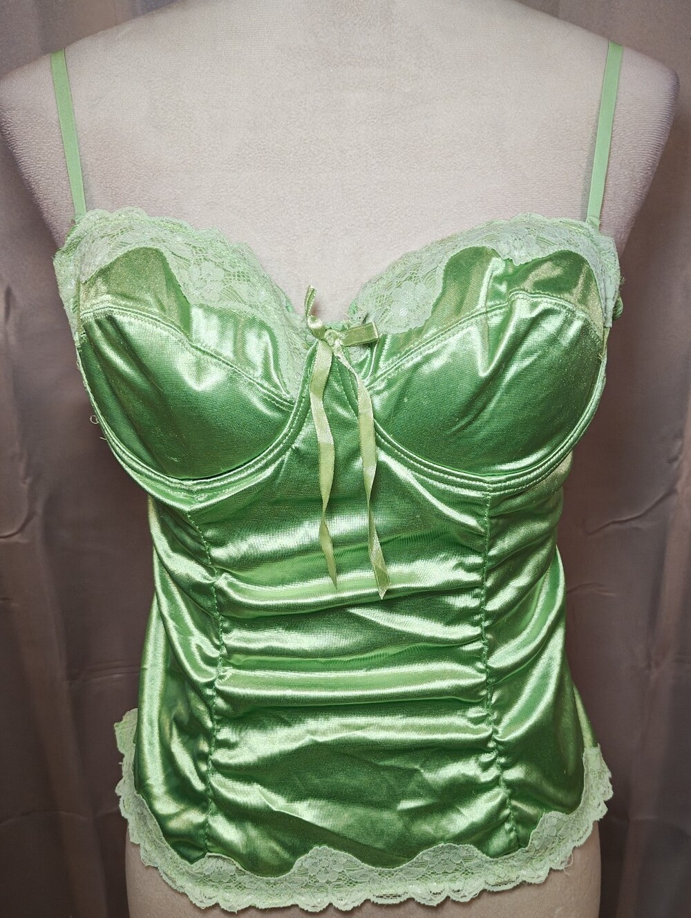 Y2K McBling Era Boom Up Green Satin & Lace Ruched Corset Top